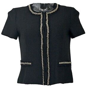 ST. JOHN KNIT bouclé knit short sleeve cardigan jacket embellished pearl crystal